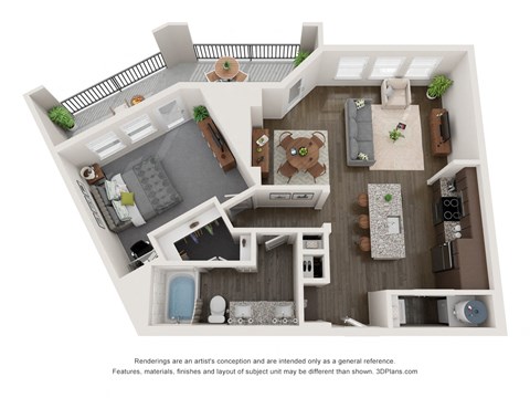 Floor plan for 1 bed, 1 bath, 857 sqft